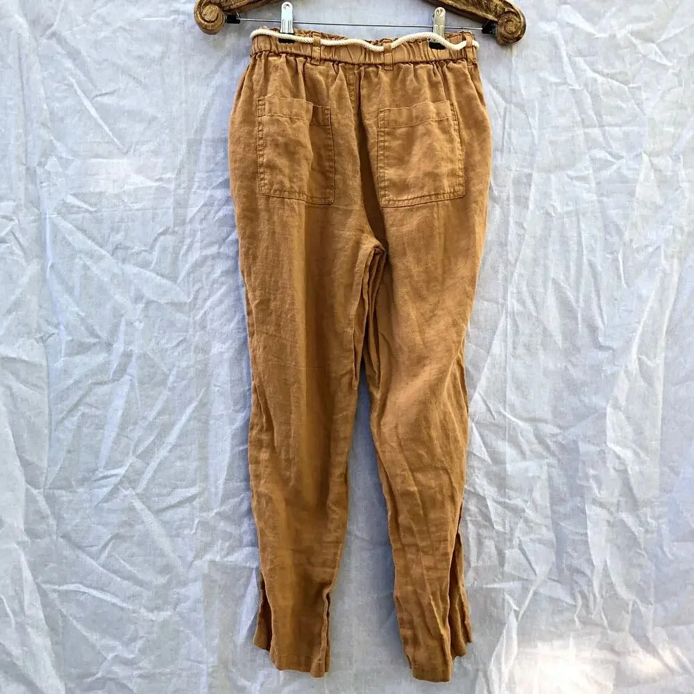 C&C California Linen Pants Tan Camel Rope Belt Straight Leg Elastic Waist Small